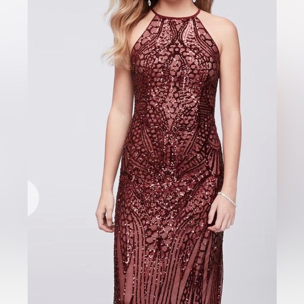 David's Bridal Burgundy Sequin Dress